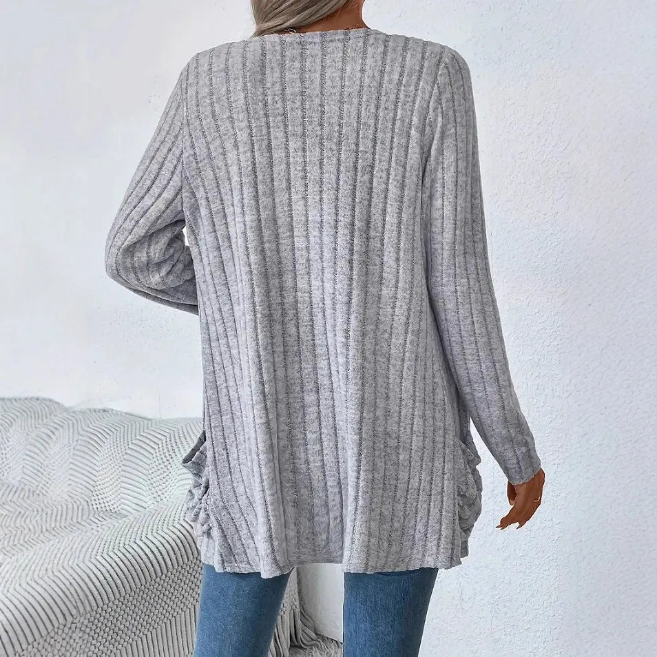 Women's solid colour long sleeve cardigan with pockets in loose fit, shown in Granny Grey.