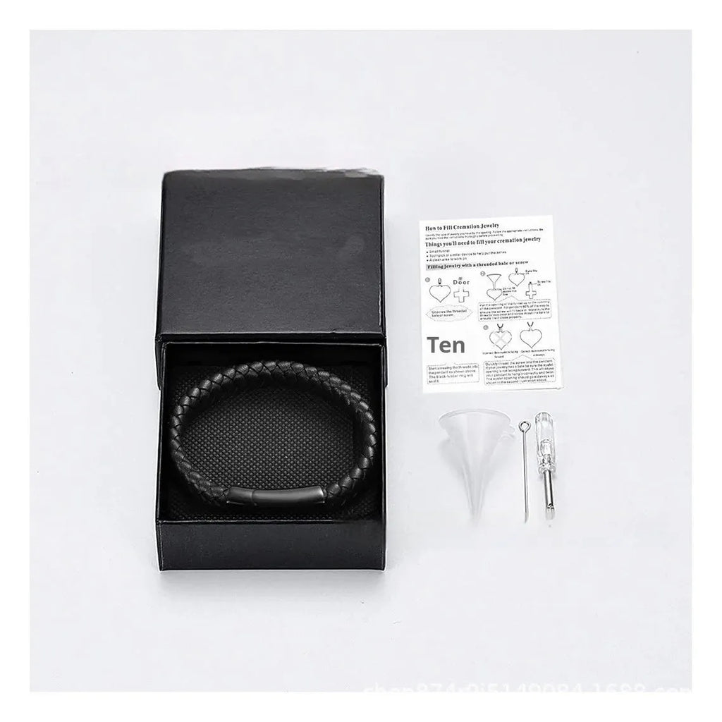 Black stainless steel memorial bracelet with woven leather design and engraved text