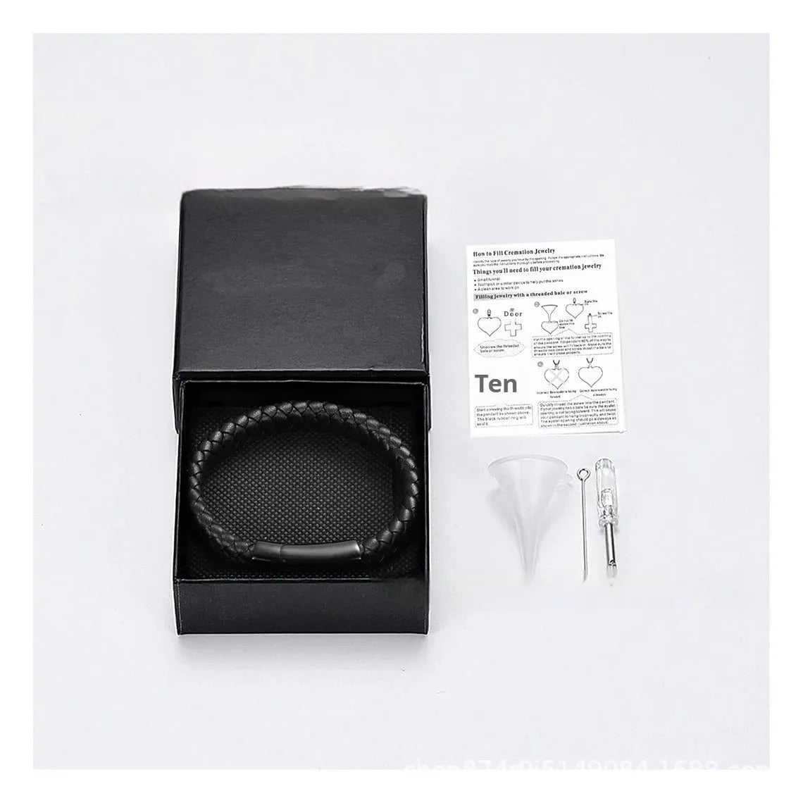 Black stainless steel memorial bracelet with woven leather design and engraved text