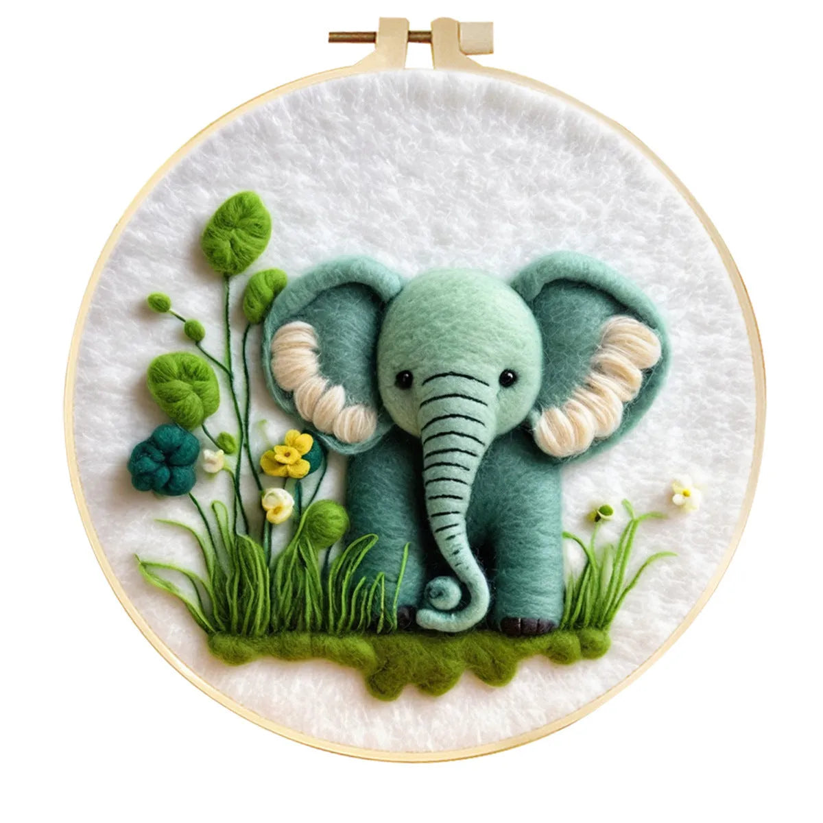 Round 20x20 cm linen embroidery kit with wool felt pieces for floral design and included embroidery frame.