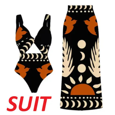 Women's black and yellow one-piece swimsuit with bird print, slit, and one-shoulder style options.