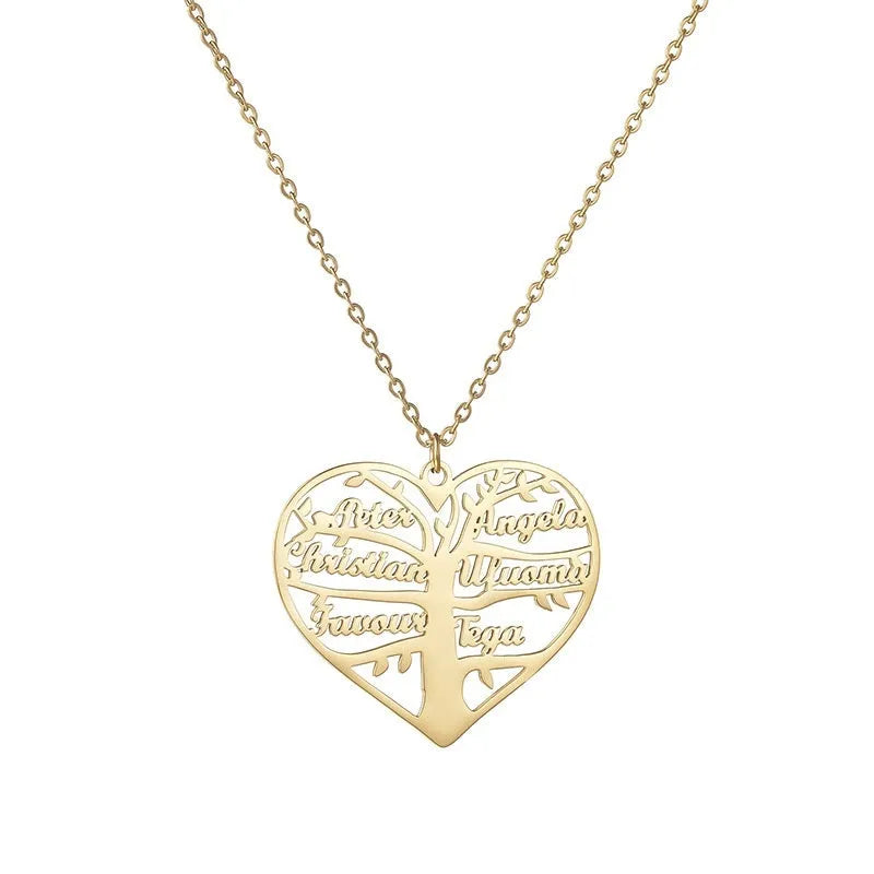 Custom stainless steel name necklace with hollow heart pendant showing engraved names in a family tree design.