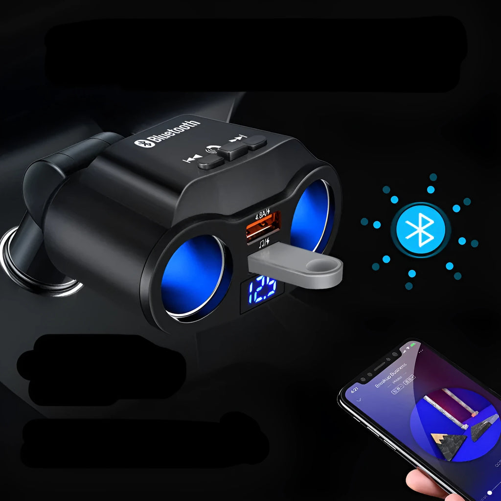 Car Bluetooth FM transmitter with charging port plugged into vehicle cigarette lighter socket