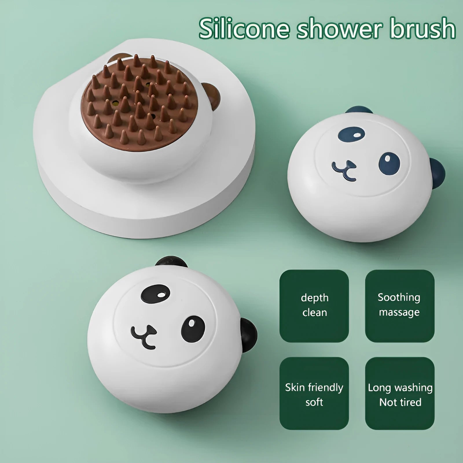 Panda-shaped silicone pet shower brush with soft bristles for bathing cats and dogs.