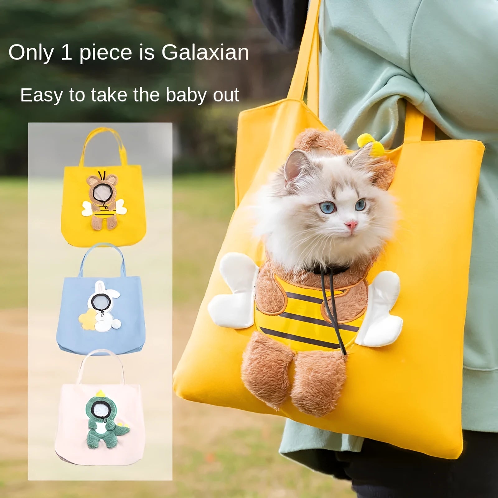 Blue canvas pet carrier bag with animal pattern, safety zippers, and side head opening for a dog