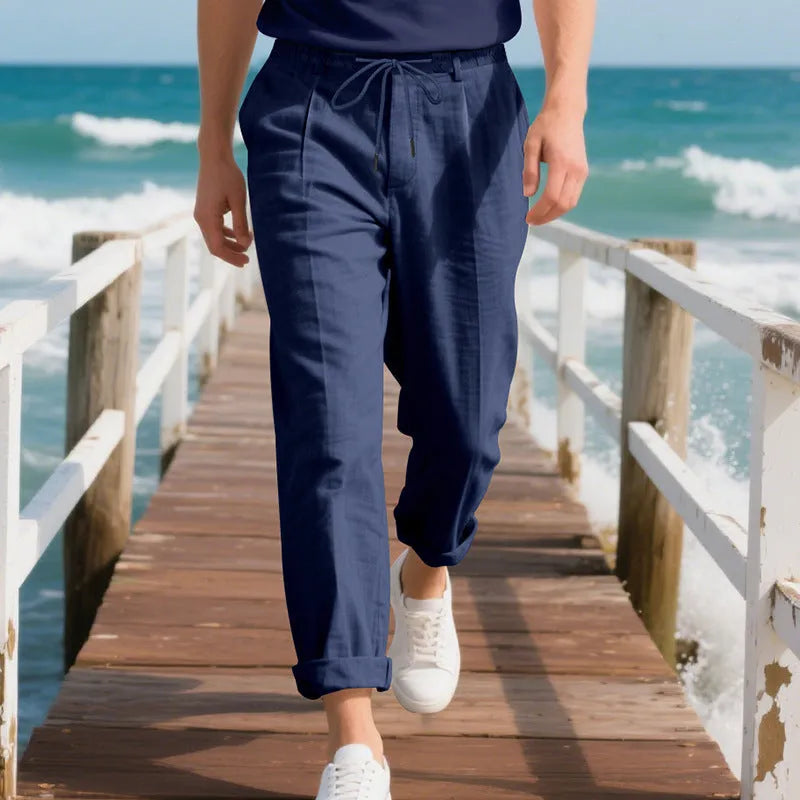Men's linen trousers with drawstring waist in straight leg design showing army green colour option