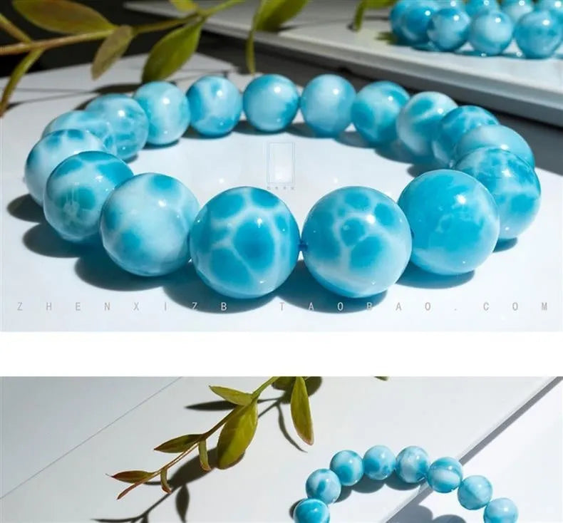 Blue handmade bodhi bracelet with natural crystal sea-pattern stone and pearl beads in Maillard style.