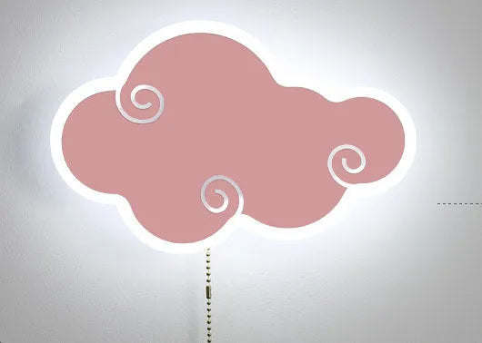White cloud-shaped children's wall lamp with acrylic cover mounted on a bedroom wall.