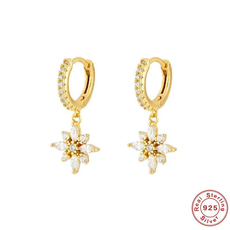 S925 sterling silver diamond snowflake pendant earrings in yellow gold and white gold colour options