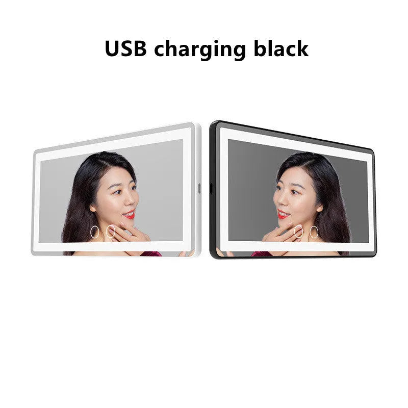 Car LED makeup mirror with three-color light, ABS frame, silver mirror, white finish