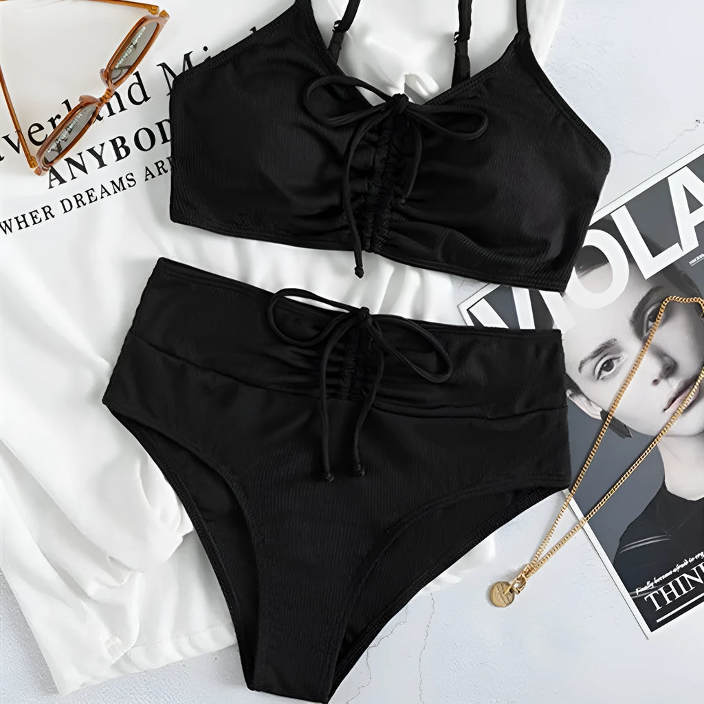 Black women's bikini swimsuit with sling split high waist shorts and sleeveless top