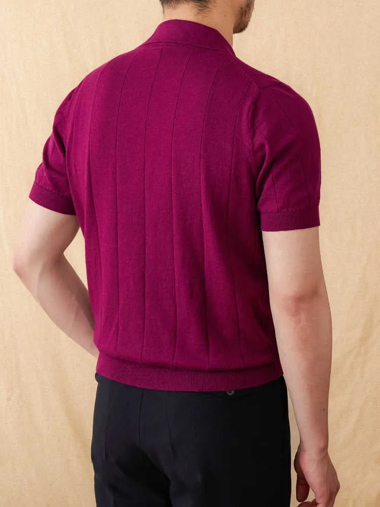 Purple cotton and linen knitted polo top with short sleeves, a seagull collar, and a sunken stripe pattern.