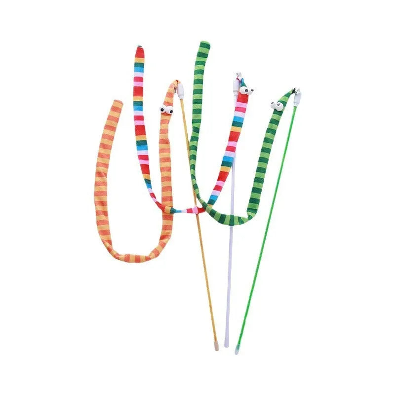 Cat wand teaser toy with polycarbonate pole and long plush strip in vivid colours