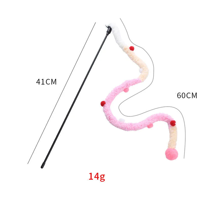 Interactive cat wand toy with colourful fluffy ball and bell on 60cm plush strip