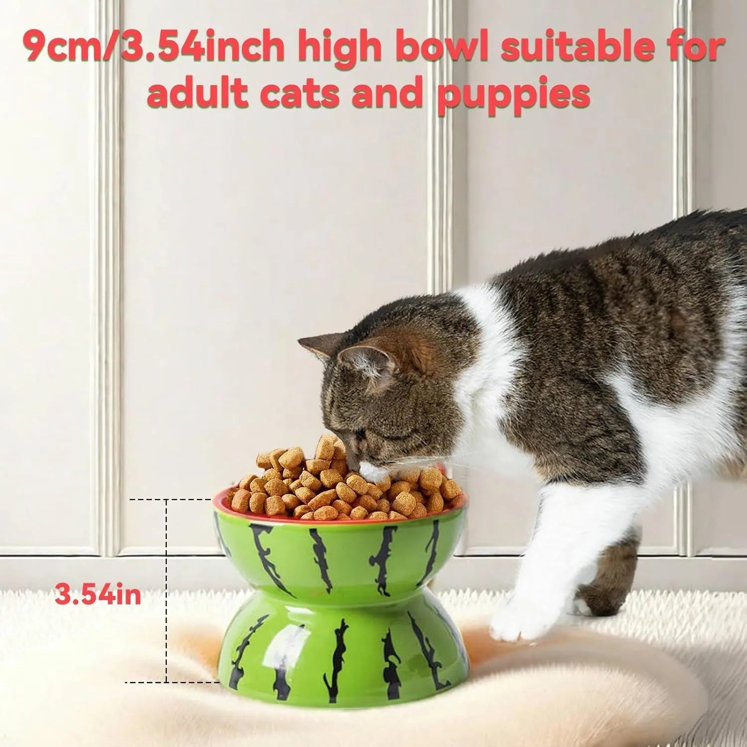 Ceramic raised cat bowl with tilted design in orange pattern, elevated 5 inches from base
