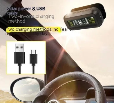 Solar wireless car tyre pressure monitoring system with colour screen and four sensors on a dashboard