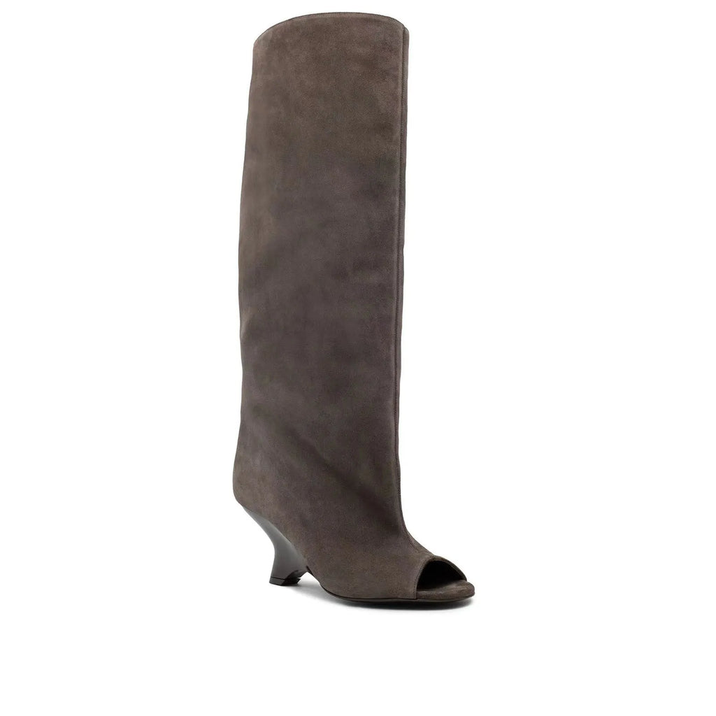 Women's peep toe wedge suede sandal boots in apricot, tassel detail, rubber sole