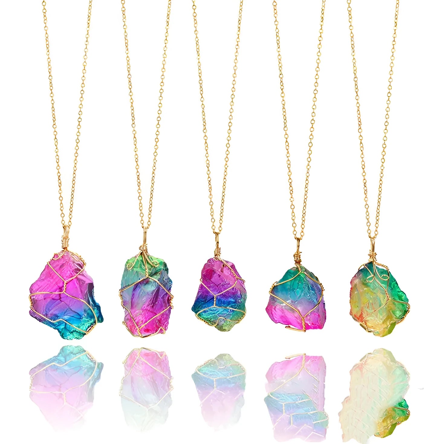 Seven-color natural stone rough stone winding crystal pendant necklace gold geometric shape transparent detail