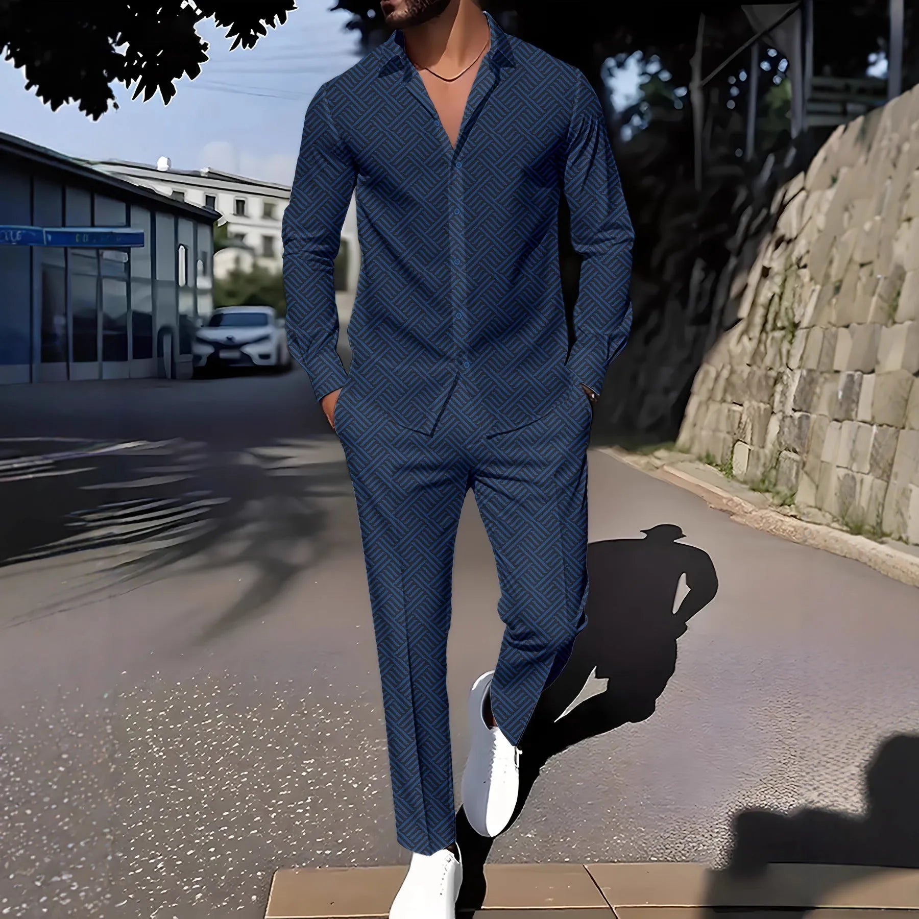 Men's plaid square grain print suit set with shirt and trousers in apricot colour on model