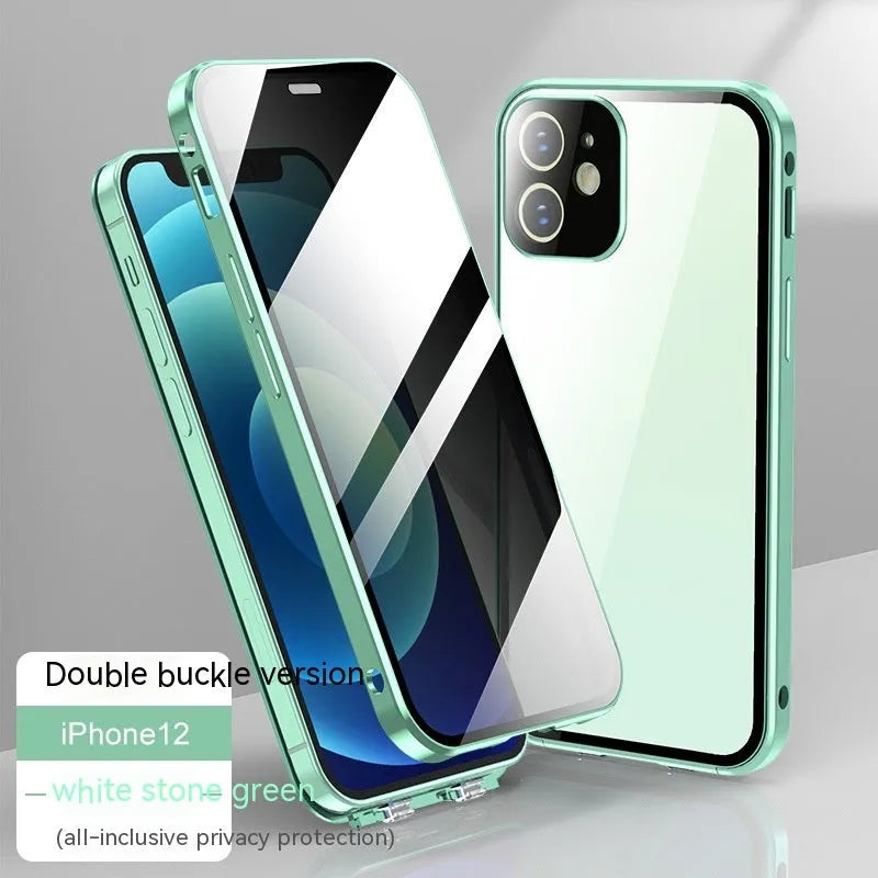 Glass iPhone case with double-sided privacy buckle in multiple colour options.