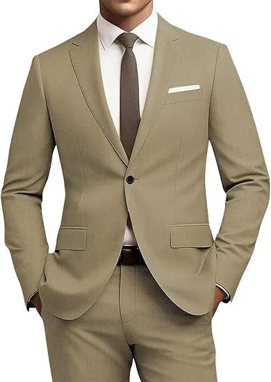 Men's slim fit 2-piece suit set with tie in gold colour, flat collar, nylon blended fabric, front view on mannequin.