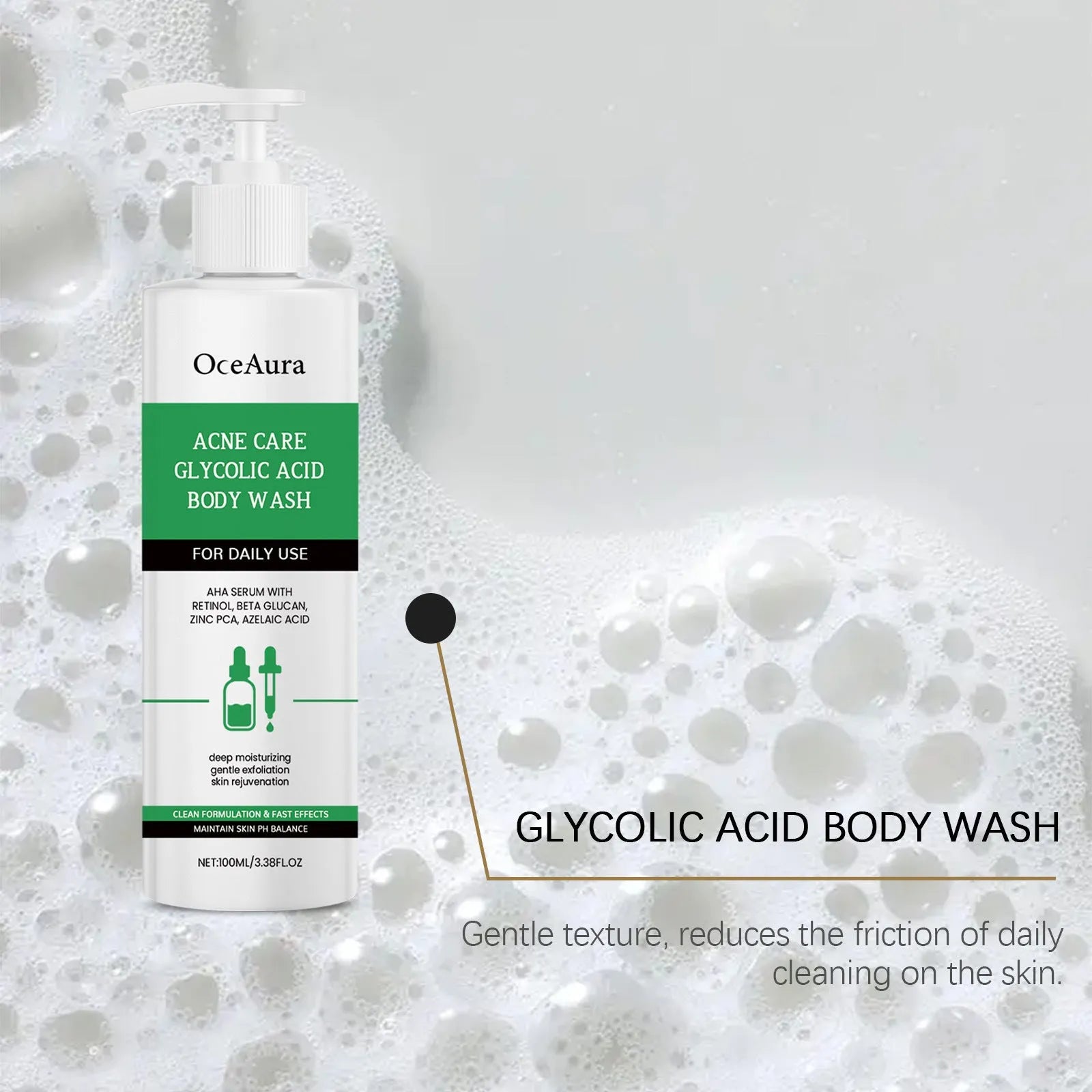 Soothing and moisturising shower gel with retinol and azelaic acid in a 100ml white bottle
