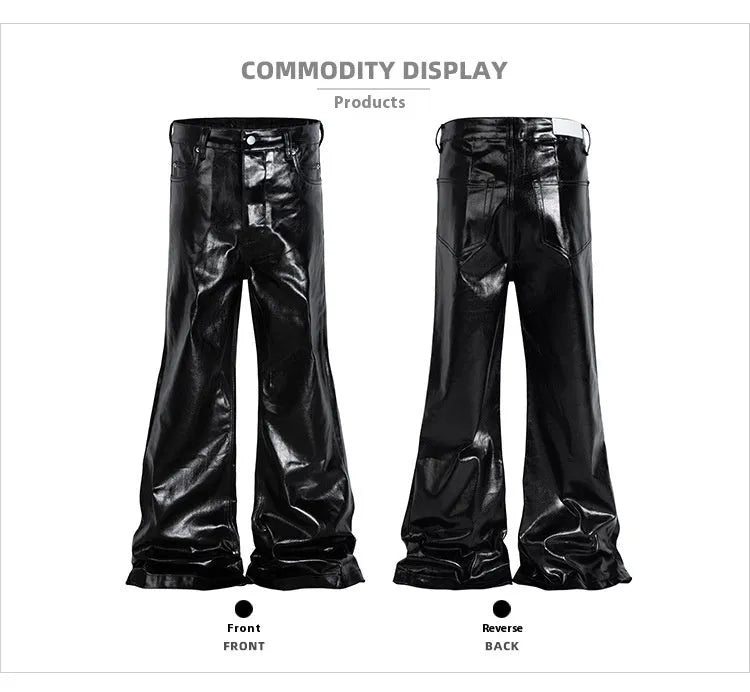 Black women's skinny jeans with a shiny patent leather finish and straight-leg cut.