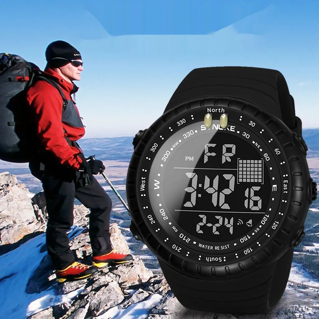 Black waterproof electronic outdoor watch with 54.74mm dial and WR50M water resistance rating