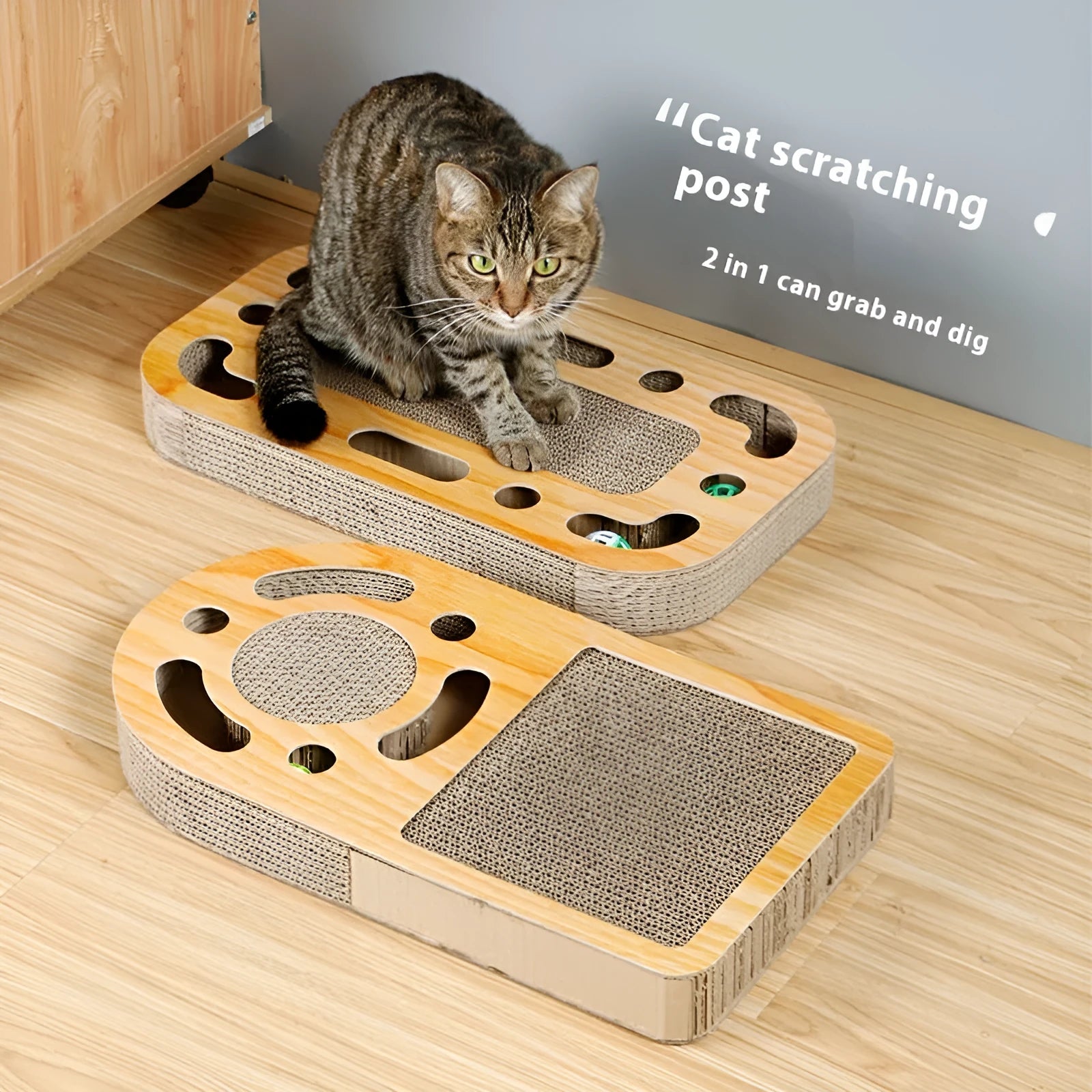 Cat scratching board toy with corrugated paper surface and plastic ball in multiple style options