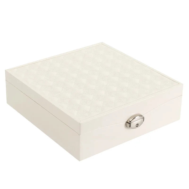 Red or white PU leather jewellery storage box with large capacity for necklace and ring organisation