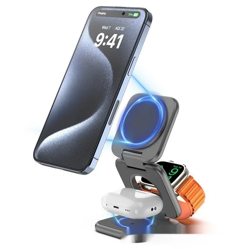 Foldable black magnetic wireless charging phone holder mounted on a car dashboard.