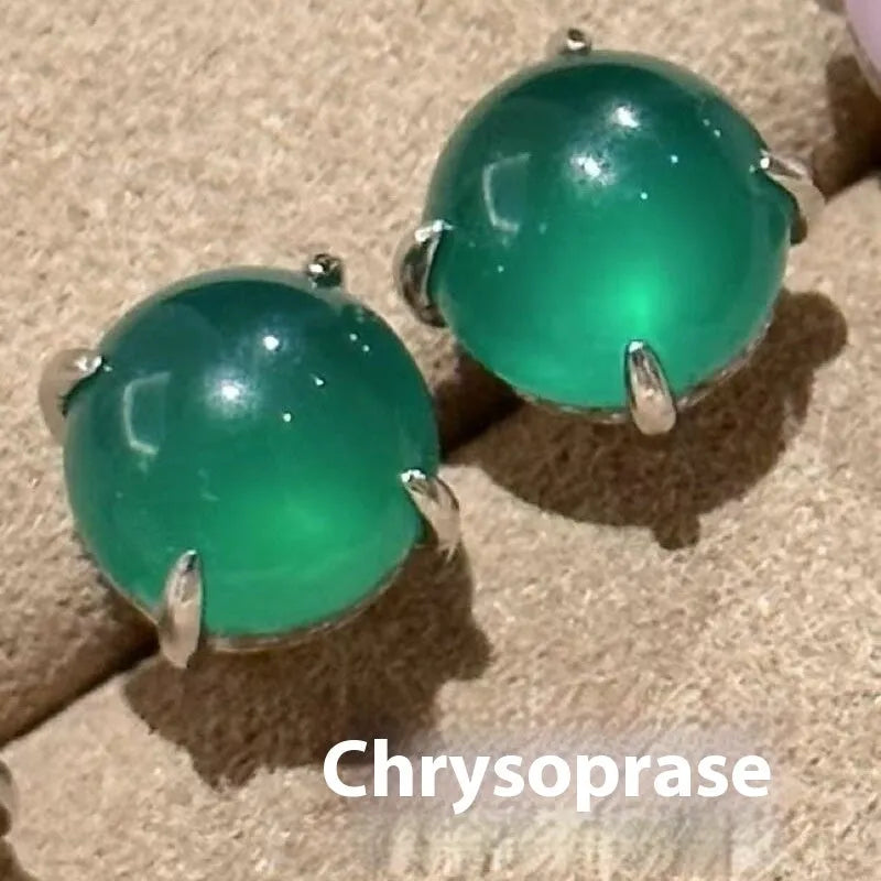 Chinese style chalcedony stud earrings with copper four-claw setting in three colour options