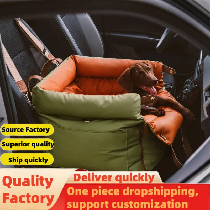 Green waterproof PU leather dog car nest with removable cover, shown in a car footwell.