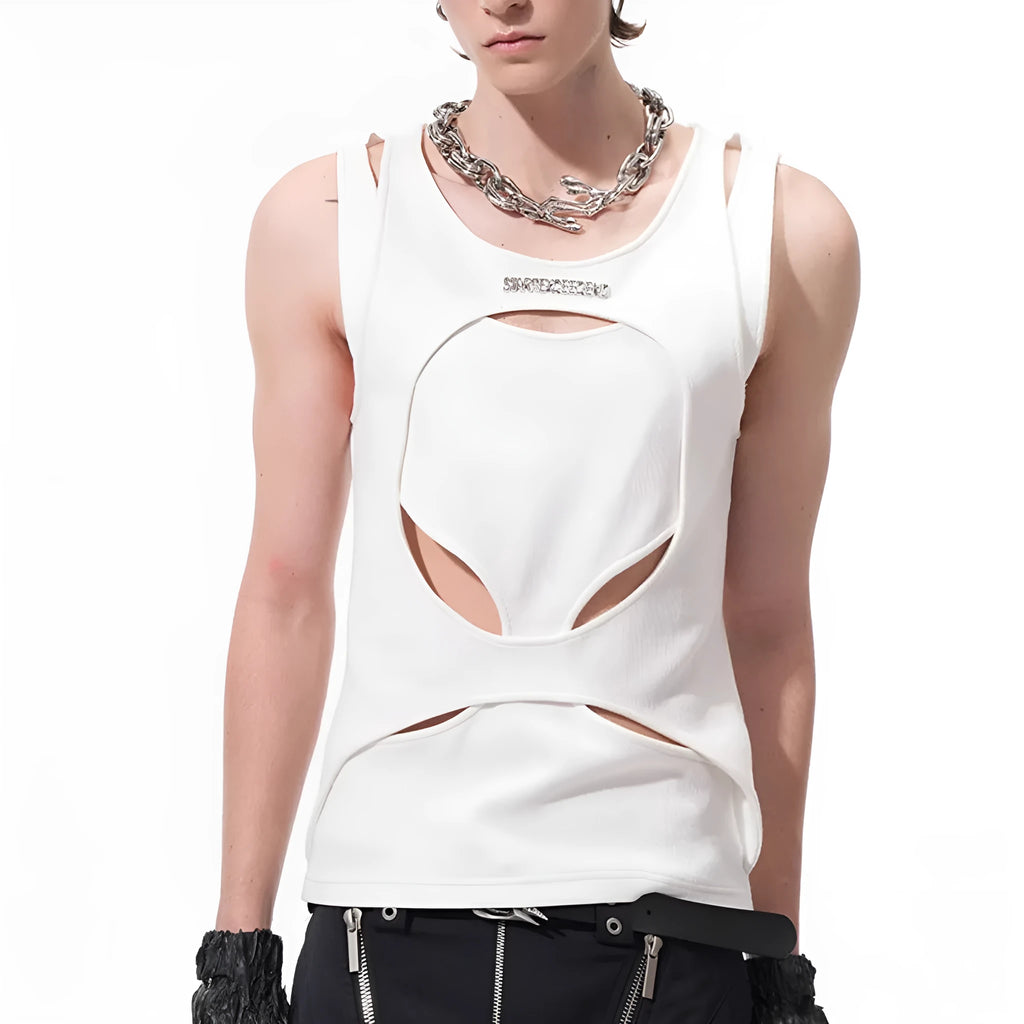 Men's black sleeveless waistcoat with hollow thread construction and round neck collar