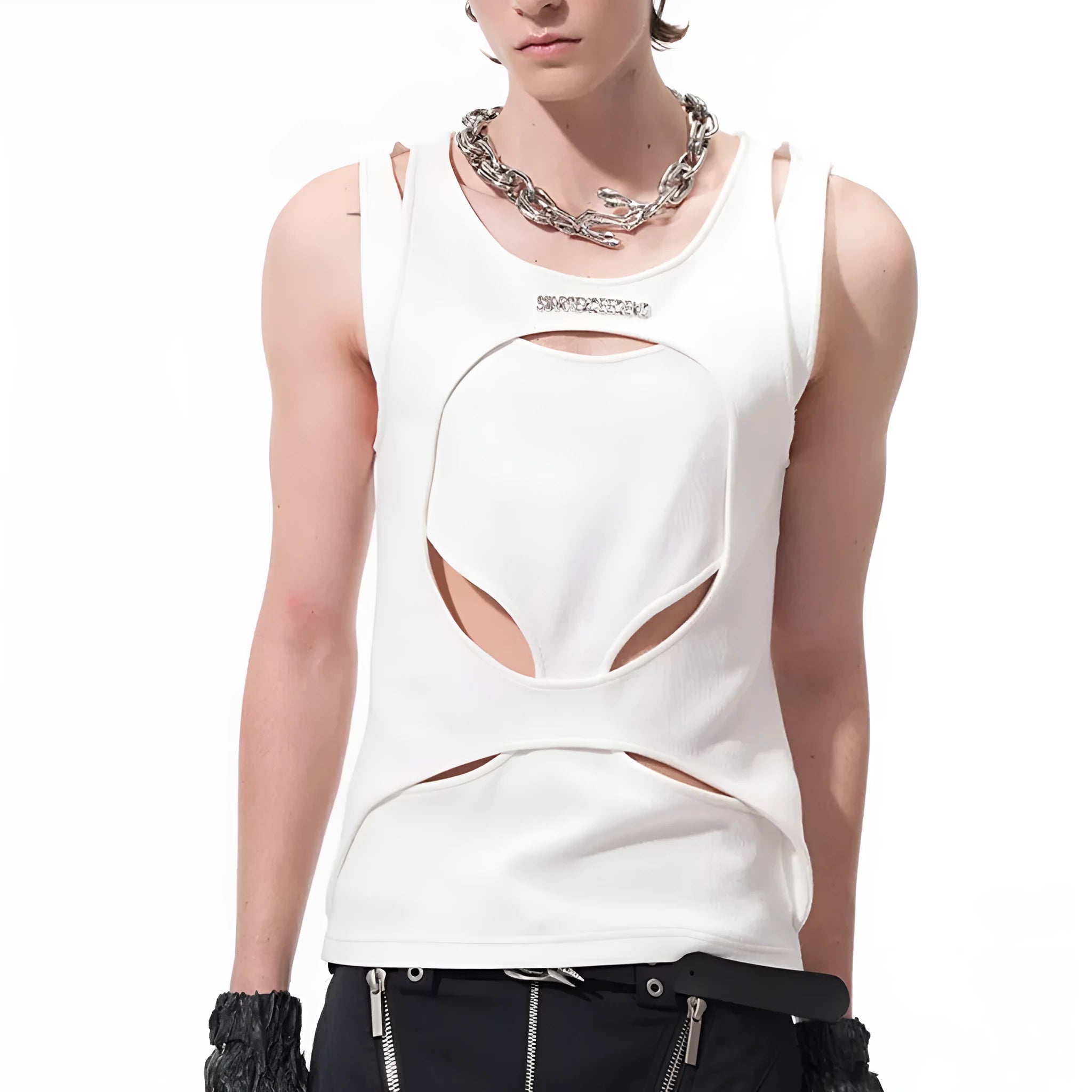Men's black sleeveless waistcoat with hollow thread construction and round neck collar