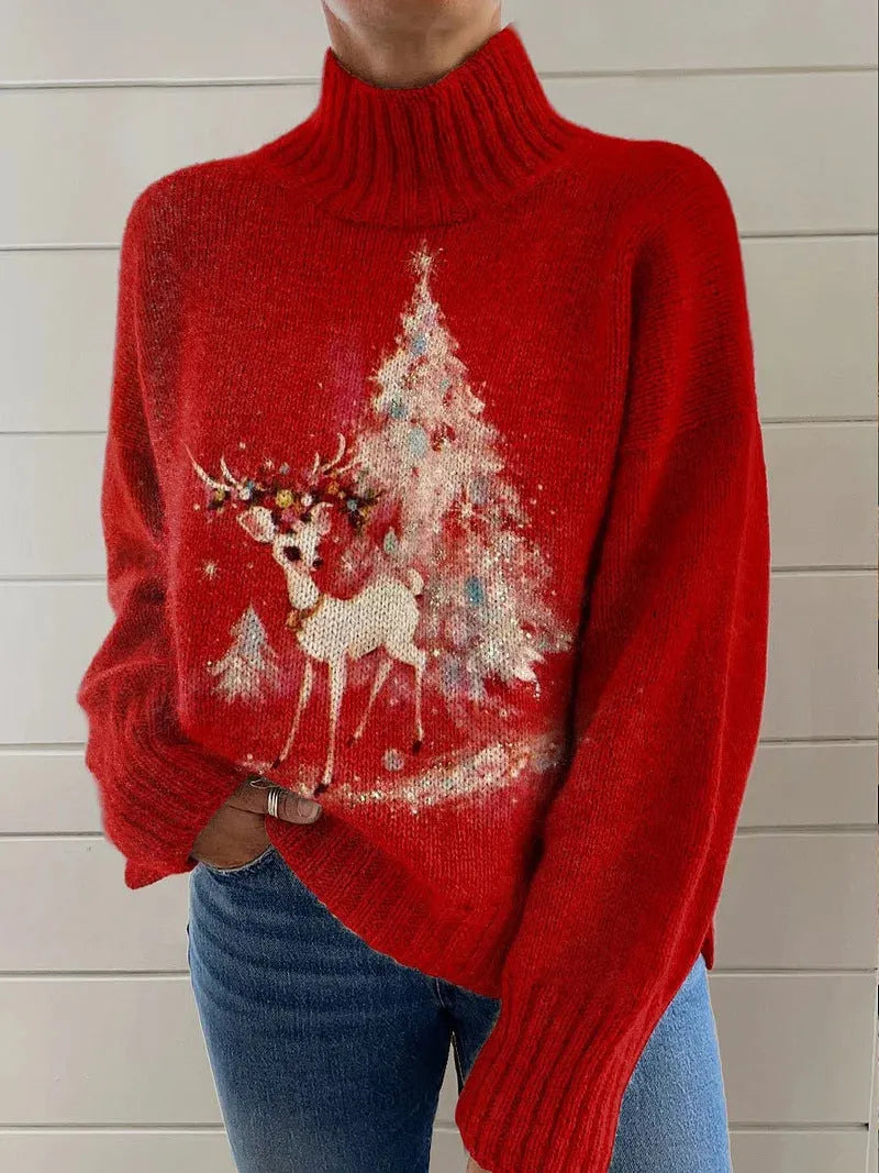 Women's Christmas printed turtleneck sweater in loose fit with festive design