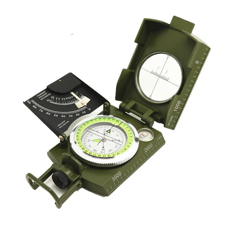 K4074 metal and ABS outdoor compass with hanging rope, shown with dimensions 10 by 6.6 by 3.1 cm.
