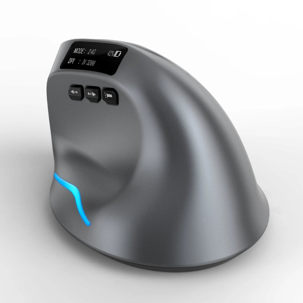Grey vertical handheld grip Bluetooth wireless mouse for laptops on a desk.