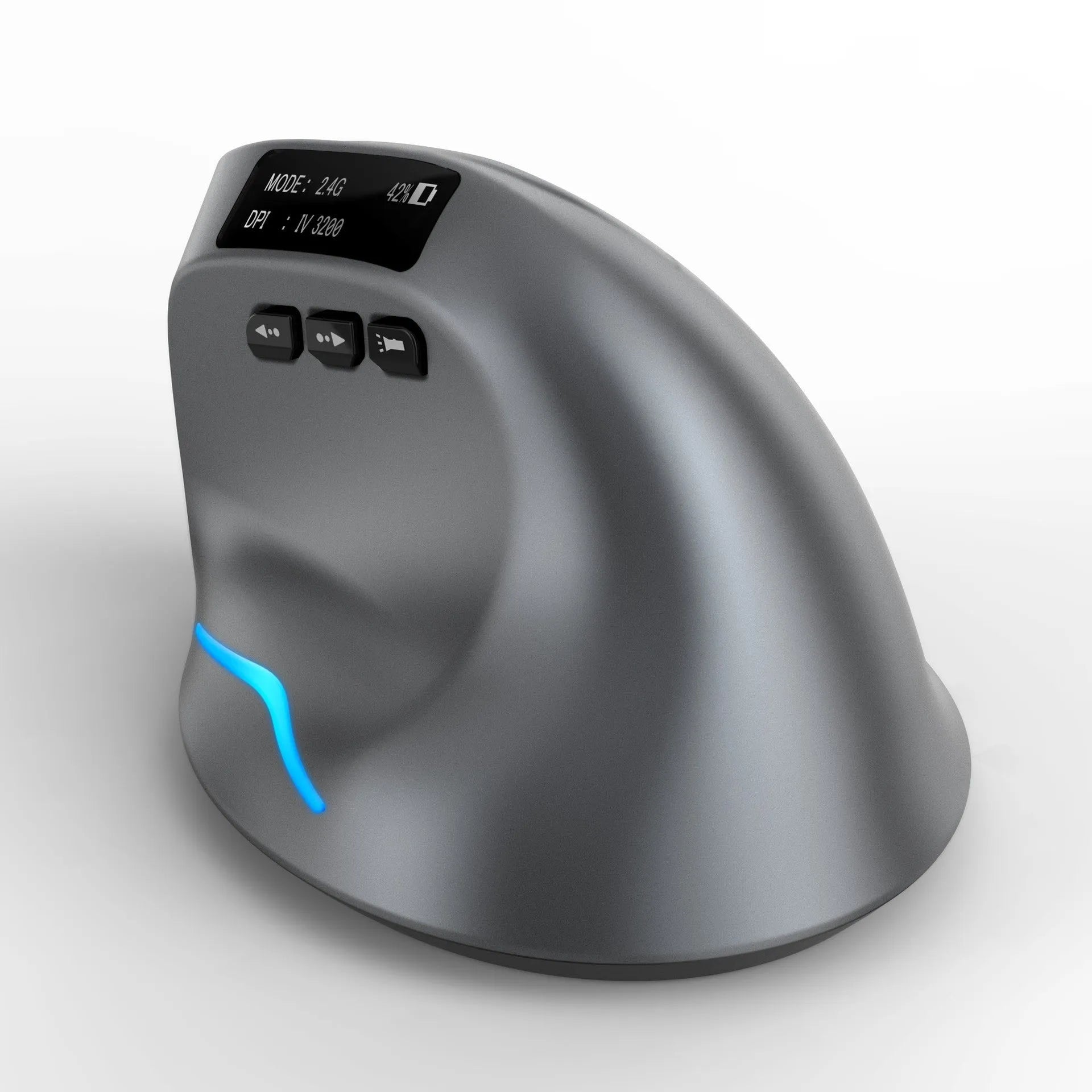 Grey vertical handheld grip Bluetooth wireless mouse for laptops on a desk.