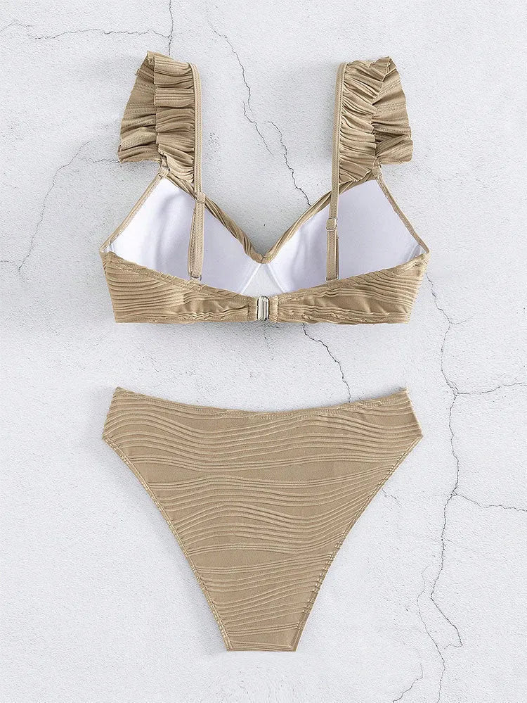 Women's solid colour bikini swimsuit set in black or khaki polyester fabric