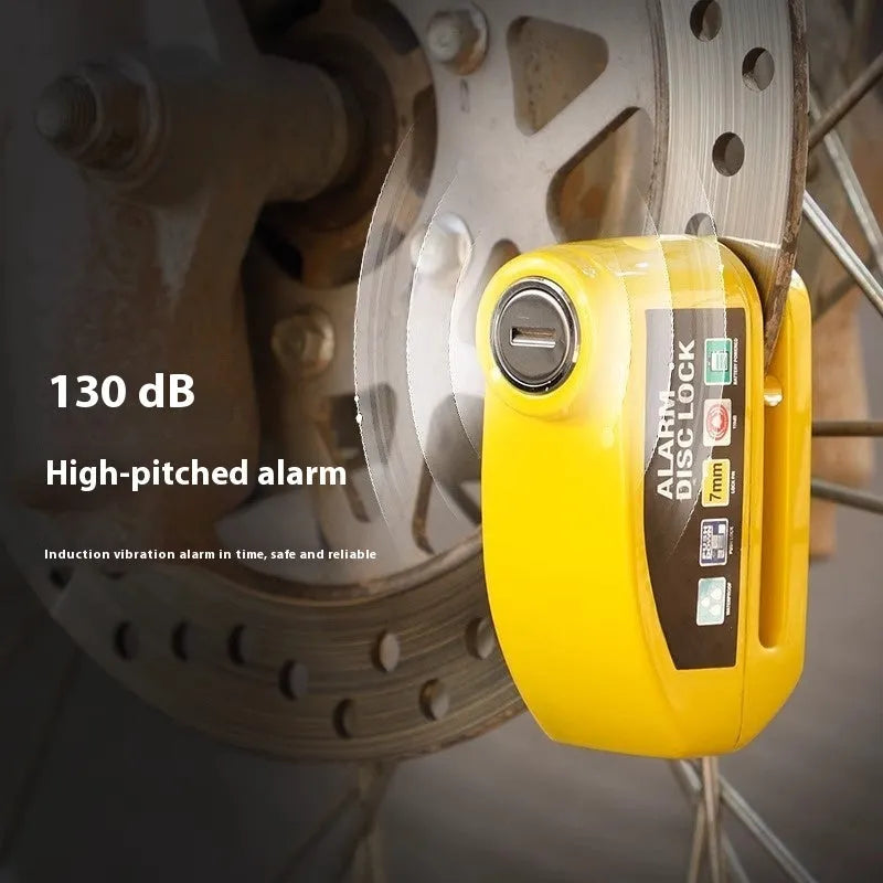 Motorcycle disc brake lock with alarm in black, showing lock and reminder rope