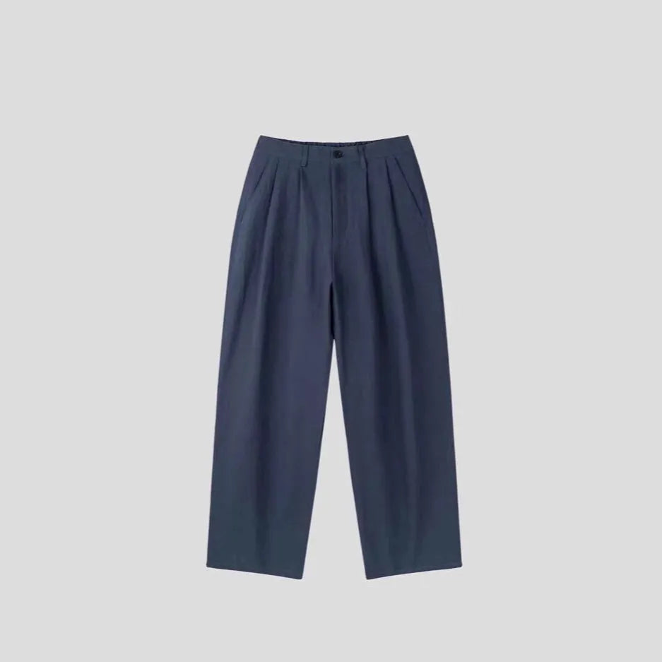 Men's Korean-style loose fit cotton linen trousers in apricot, army green and purplish blue colours