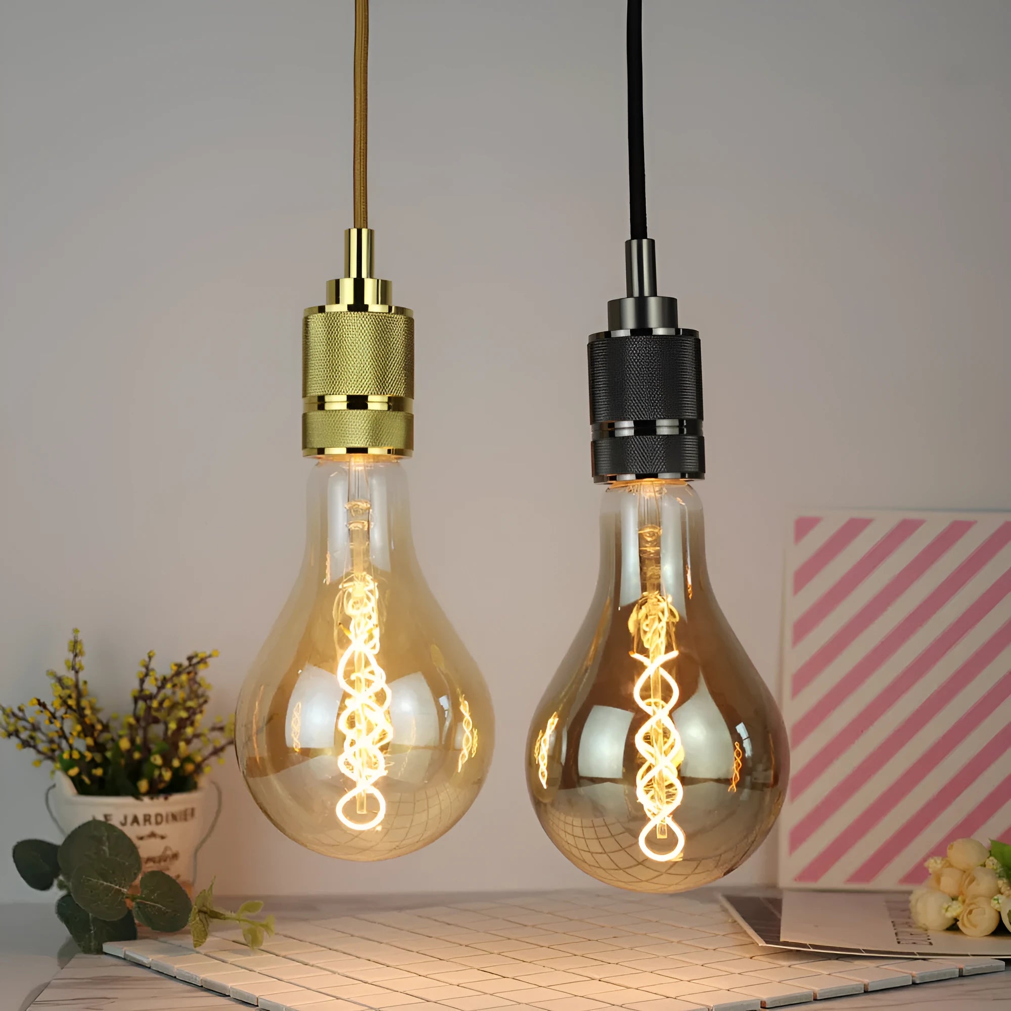 Double helix spiral LED soft light strip in gold or grey finish with 110mm by 200mm dimensions