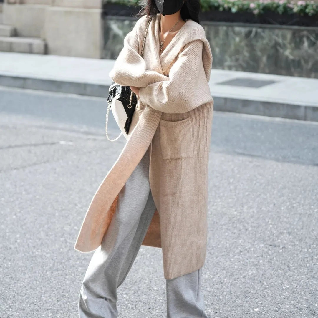Women's grey knitted cardigan trench coat with hood and regular sleeves