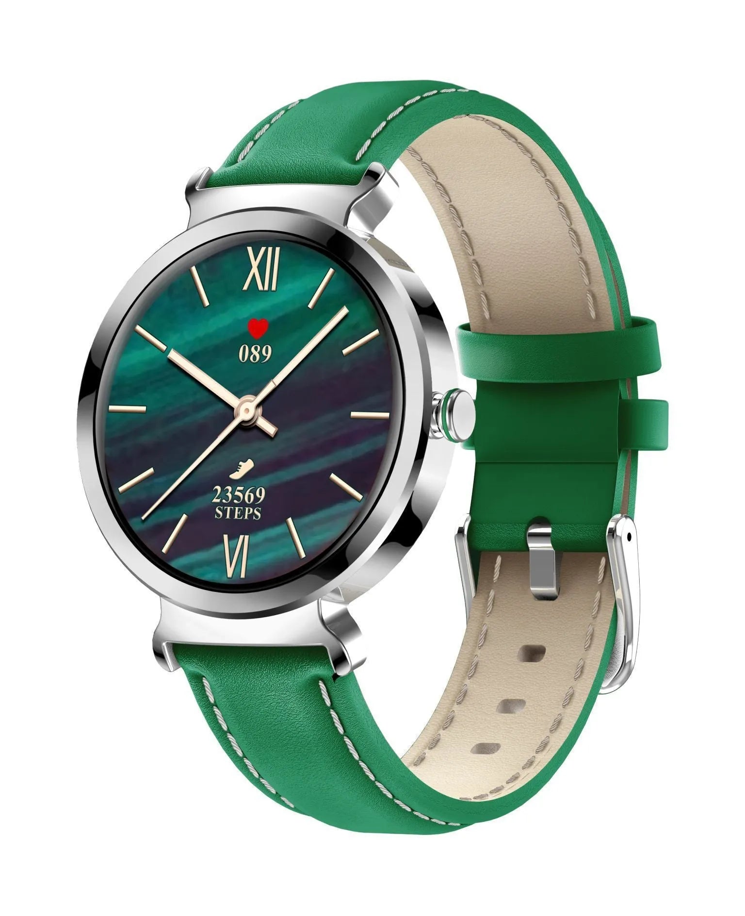 Women's zinc alloy smart bracelet with 1.28-inch screen showing Android iOS compatibility and multiple colour options