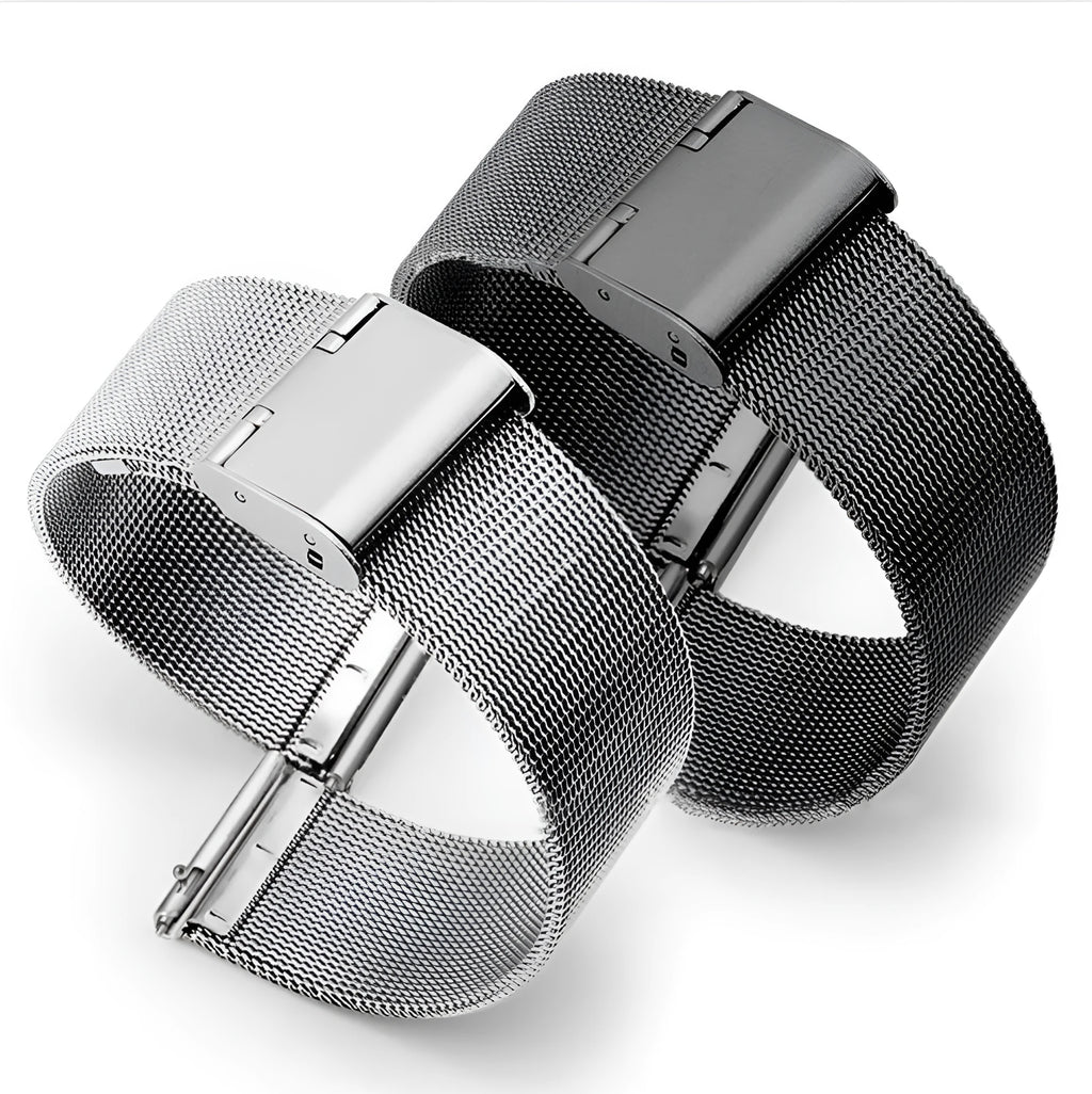 Milani silk woven stainless steel watch band showing silver, black, rose gold, and gold colour options