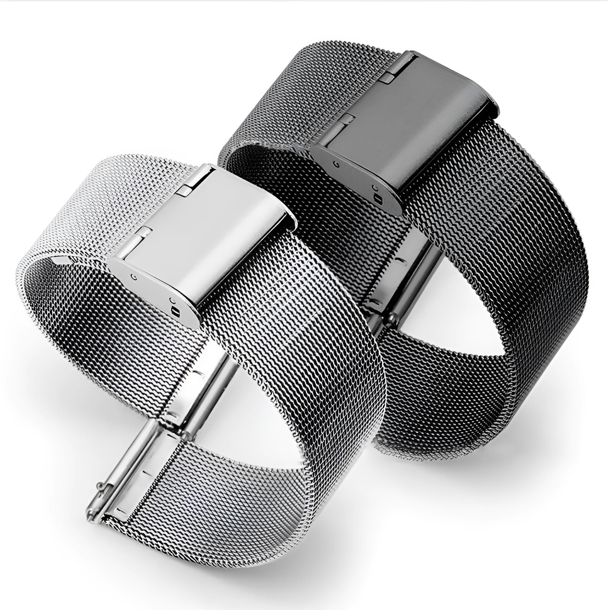 Milani silk woven stainless steel watch band showing silver, black, rose gold, and gold colour options