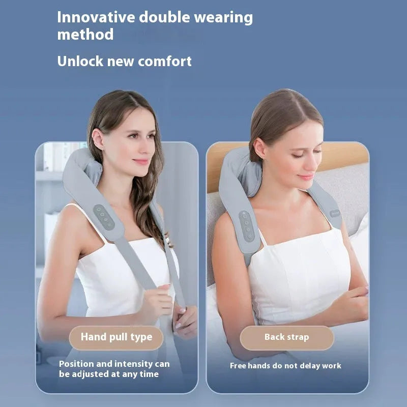 Grey elastic fabric USB neck and back massager with two speed settings and infrared function.