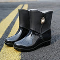 Women's mid-calf rain boot in beige with a non-slip sole and thickened lining.