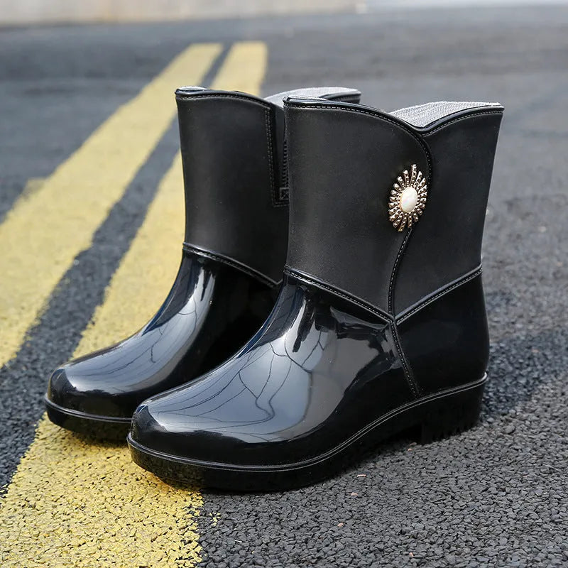Women's mid-calf rain boot in beige with a non-slip sole and thickened lining.